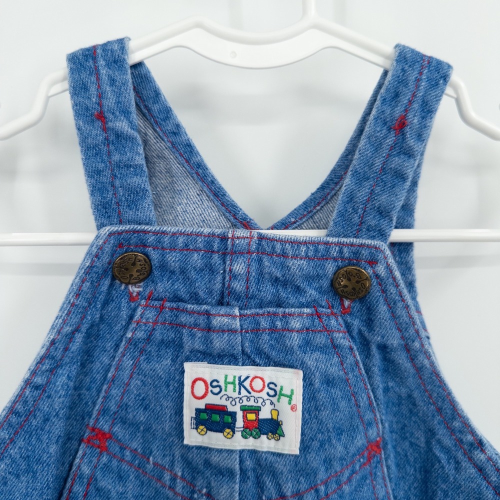 Vintage 90s OshKosh B'gosh Denim Bubble Overalls Baby 12M Train Vestbak Romper - Picture 4 of 10